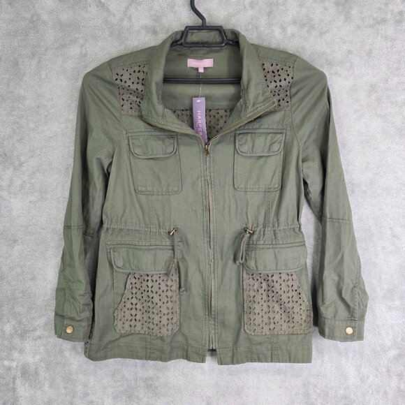 Womens Francescas Harper Olive Green Utility Jacket Lace Cutout Full Zip Size L - Picture 2 of 10